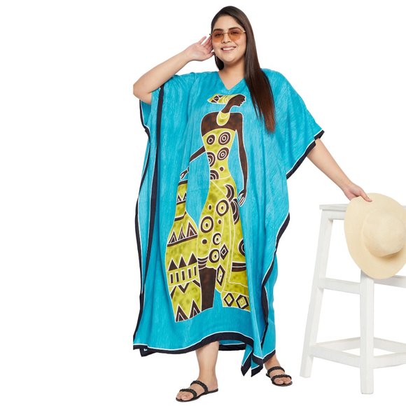 Women Plus Size Fit and Flare Tribal Print Sky Blue Kaftan Dress by Gypsie Blu - Picture 3 of 9